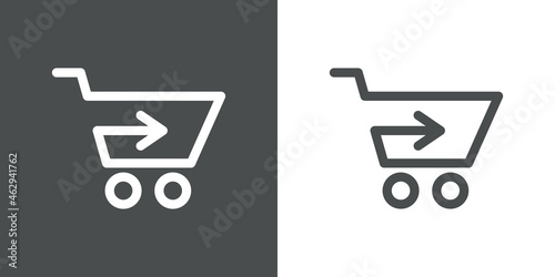 Logotipo con silueta de carrito de la compra con forma de flecha con lineas en fondo gris y fondo banco