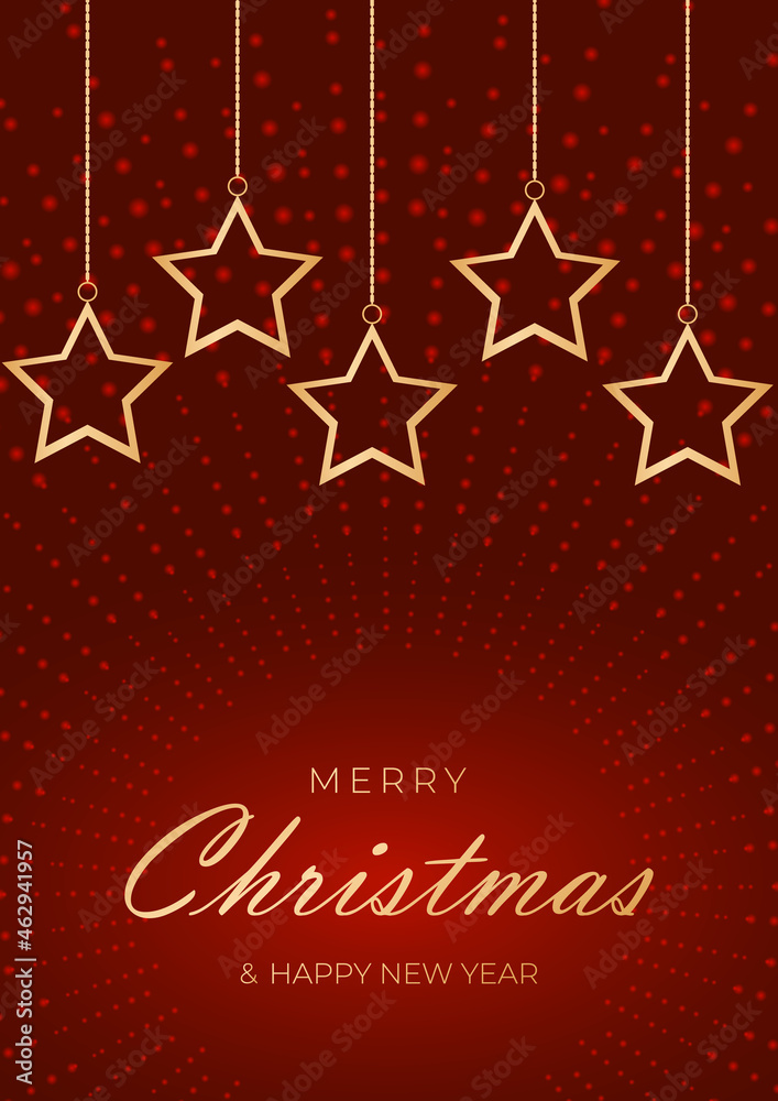 Festive red christmas background with golden stars hanging on chains. Christmas and happy new year background with golden lettering. Vector illustration Festive red christmas background with golden stars hanging on chains. Christmas and happy new year background with golden lettering. Vector illustration