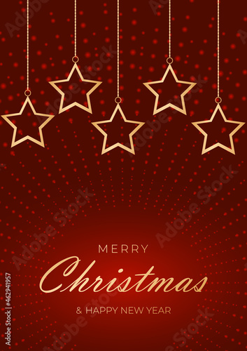 Festive red christmas background with golden stars hanging on chains. Christmas and happy new year background with golden lettering. Vector illustration