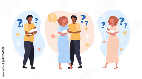 Issues of childebearing. Parents trying to put baby to bed. Newborn crying, people cant understand. Troubled family, man and girl rock baby. Cartoon vector illustration isolated on white background