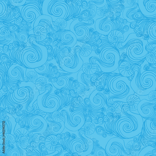 Vector Blue Mermaids background pattern with waves and seashells