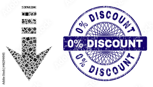 Geometric mosaic send down, and 0% Discount rubber stamp seal. Violet stamp seal includes 0% Discount title inside circle form. Vector send down mosaic is made with randomized round, triangle,
