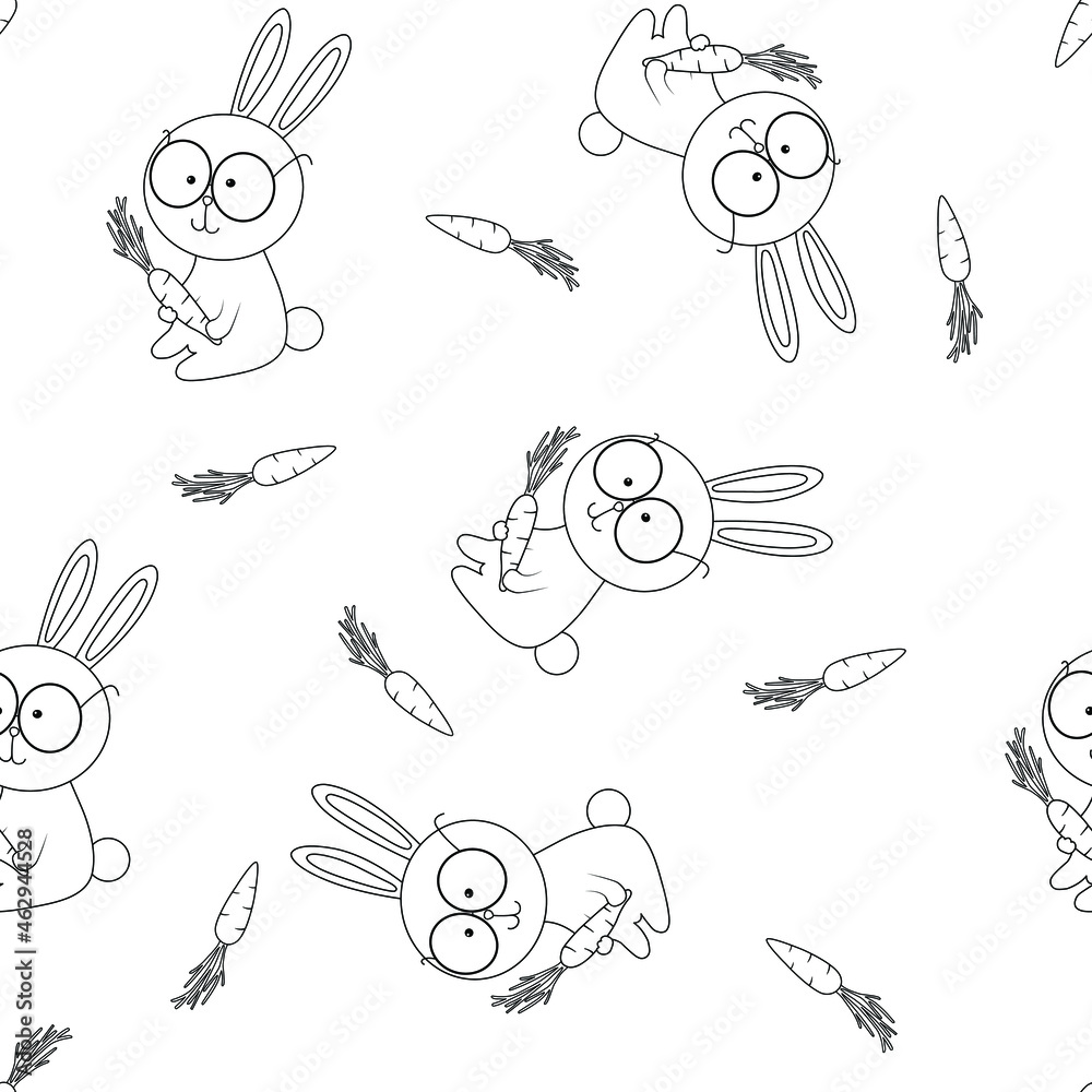Seamless pattern with cute rabbit and carrot. Perfect for apparel, fabric, textile, wrapping paper,decoration, T-shirt, card, scrapbooking. Vector illustration. Seamless pattern with cute rabbit and carrot. Perfect for apparel, fabric, textile, wrapping paper,decoration, T-shirt, card, scrapbooking. Vector illustration.