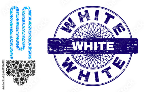 Geometric mosaic fluorescent bulb, and White dirty stamp seal. Violet stamp seal contains White tag inside round form. Vector fluorescent bulb collage is composed of different circle, triangle,