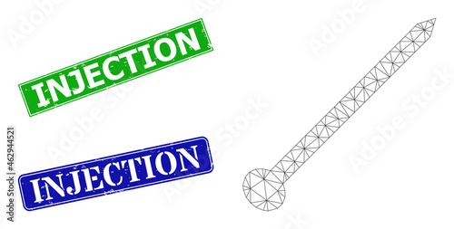 Polygonal needle image, and Injection blue and green rectangular dirty stamp seals. Polygonal carcass illustration is created from needle pictogram.