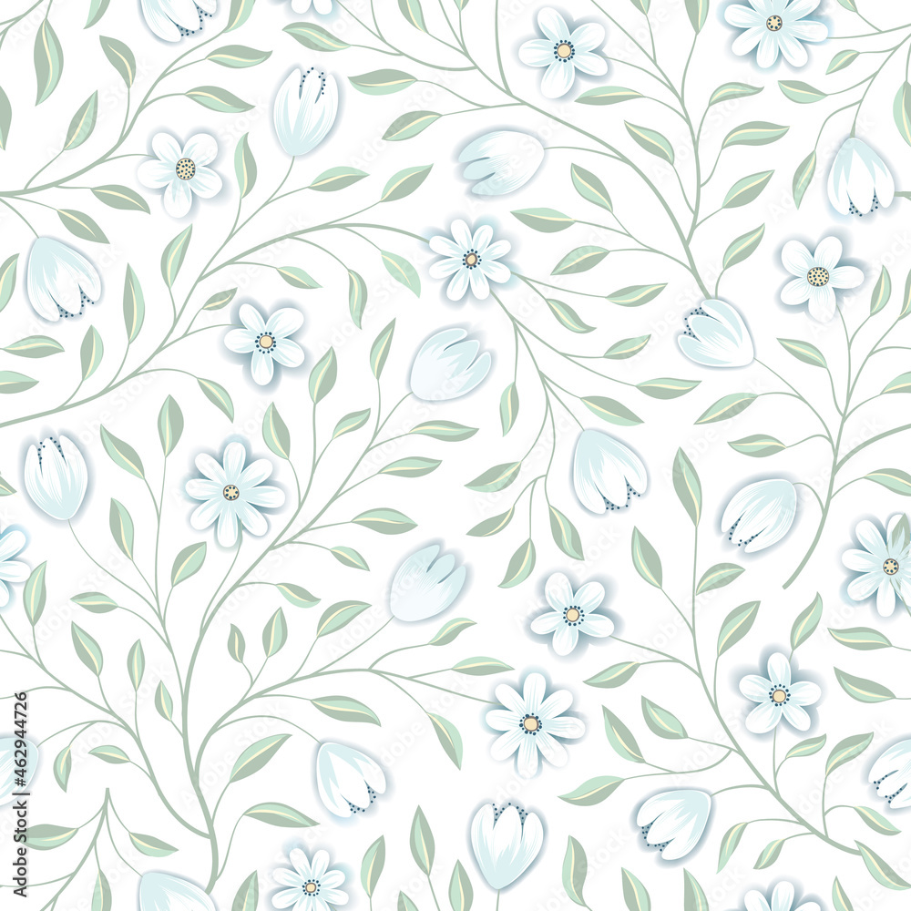 Floral seamless pattern. Flower background. Floral seamless texture with flowers. Flourish tiled white spring wallpaper Floral seamless pattern. Flower background. Floral seamless texture with flowers. Flourish tiled white spring wallpaper
