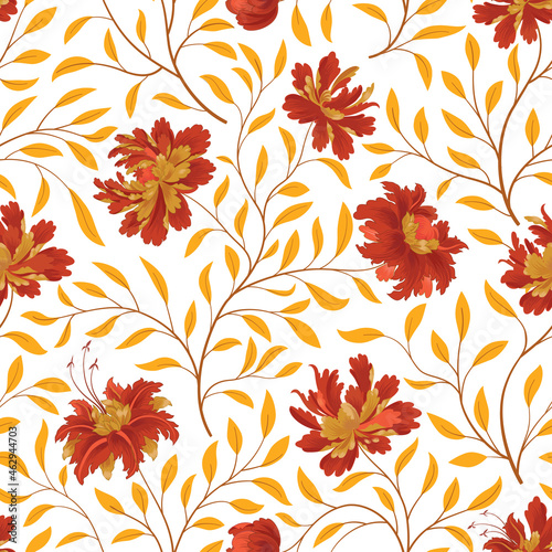 Autumn floral nature pattern. Flower seamless background. Flourish ornamental fall garden texture. Orient ornament with fantastic flowers and leaves. 