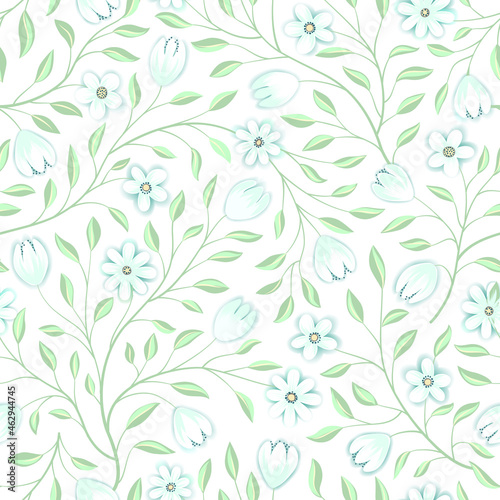Floral seamless pattern. Flower background. Floral seamless texture with flowers. Flourish tiled white spring wallpaper © Terriana