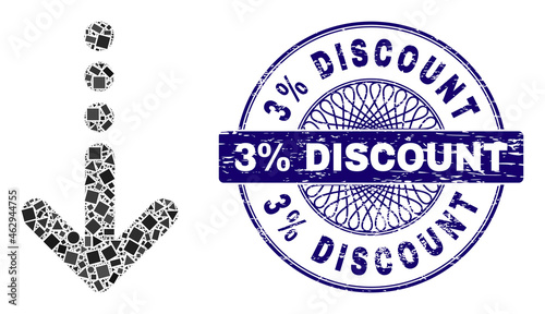 Geometric collage send down, and 3% Discount scratched seal. Blue seal has 3% Discount tag inside circle shape. Vector send down collage is designed with different circle, triangle, rectangular parts.