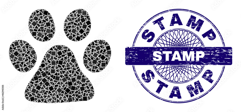 Geometric collage paw print, and Stamp rubber stamp seal. Blue seal contains Stamp caption inside round form. Vector paw print collage is designed from random round, triangle, rectangle items.