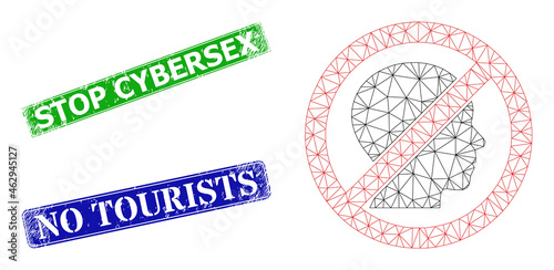 Mesh forbidden man model, and Stop Cybersex blue and green rectangle grunge stamp seals. Mesh carcass symbol designed with forbidden man icon.