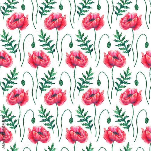 Seamless pattern with red poppy flowers. Watercolor papaver. Green stems and leaves. Hand drawn botanical illustration. On white. Texture for print, fabric, textile, wallpaper.
