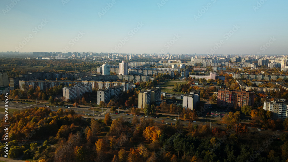 Fototapeta premium Flight over the autumn park. Trees with yellow autumn leaves are visible. On the horizon there is a blue sky and city houses. Aerial photography.