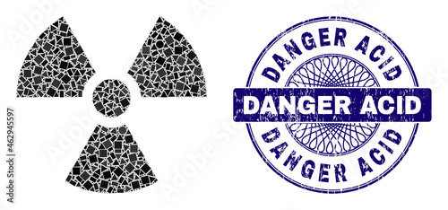 Geometric mosaic radioactivity, and Danger Acid textured watermark. Violet stamp seal contains Danger Acid title inside round shape. Vector radioactivity mosaic is made of random round, triangle,