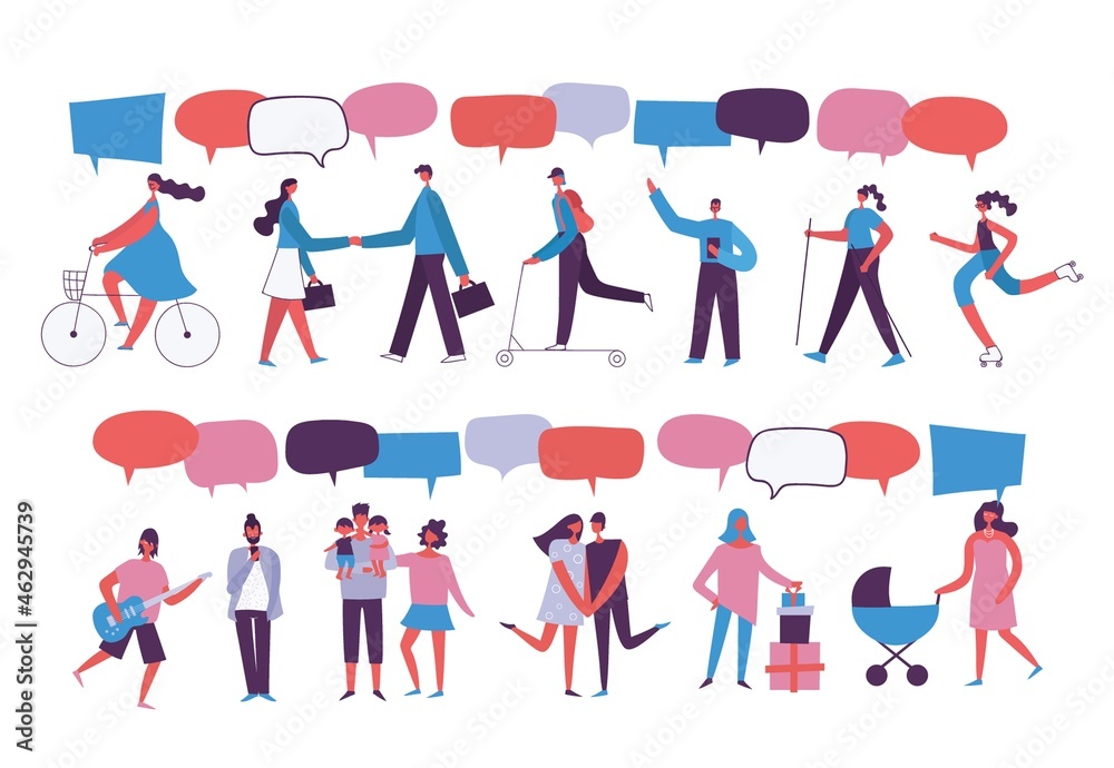 Social Network Template. Group of Young People Characters Chatting and speaking. Virtual Communication Concept. Vector illustration