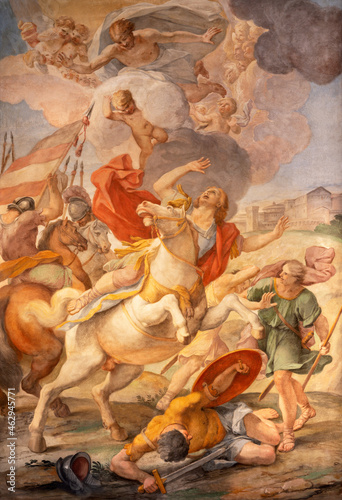 ROME, ITALY - AUGUST 28, 2021: The fresco of Conversion of St. Paul in the church Chiesa San Paolo alla Regola by Luigi Garzi (1638 – 1721).