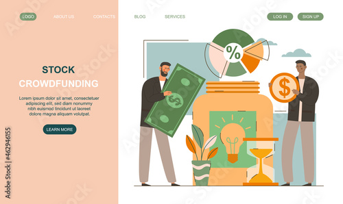 Stock crowdfunding concept. Men invest their money in interesting idea. Company employees working on success their new business project. Cartoon flat vector illustration isolated on white background