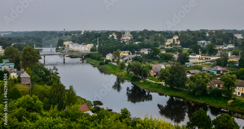 the ancient small town of Torzhok in central Russia. View of the river and ancient temples
