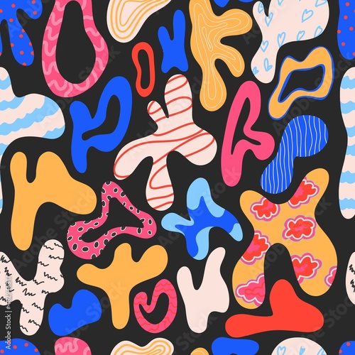 Seamless pattern, wild abstract doodles on a black background. Bright colors, hand-drawn cartoon. Vector illustration.