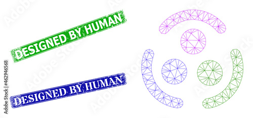 Network community logo image, and Designed by Human blue and green rectangle corroded stamp seals. Polygonal carcass image is based on community logo icon.