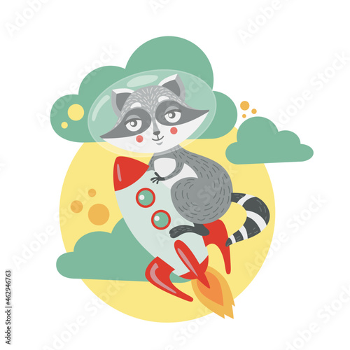 Принти на полотні Cute cartoon raccoon flying to the moon - vector illustration