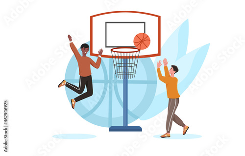 Two boys playing basketball. Leisure activities, friends after school. Team sports, health promotion. Children hammering slam dunk. Cartoon flat vector illustration isolated on white background