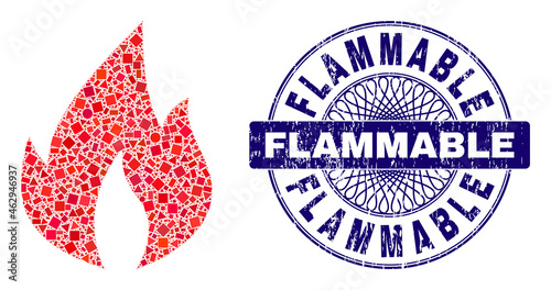 Geometric mosaic fire flame, and Flammable dirty seal. Blue seal has Flammable title inside circle shape. Vector fire flame mosaic is created of random circle, triangle, rectangular items.