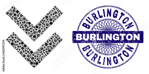 Geometric collage shift down, and Burlington textured watermark. Violet seal contains Burlington caption inside round form. Vector shift down collage is composed from random round, triangle,