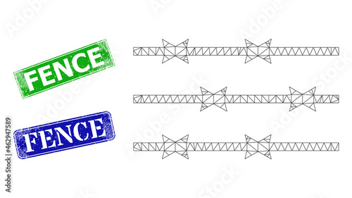Polygonal barbed wire fence image, and Fence blue and green rectangular dirty stamp seals. Polygonal carcass image designed with barbed wire fence icon.
