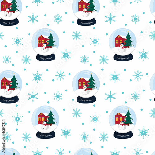 Christmas seamless pattern with snowflakes and snowball globe on white background