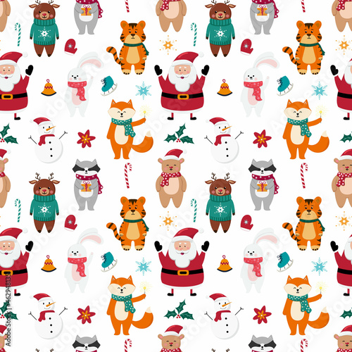 Christmas seamless pattern with snowman, Santa Claus and cute animals on white background