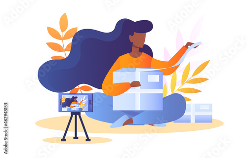 Blogger films unboxing. Woman unpacks cardbox to camera, checking goods. Expressing your own opinion, overview of delivery service. Cartoon flat vector illustration isolated on white background