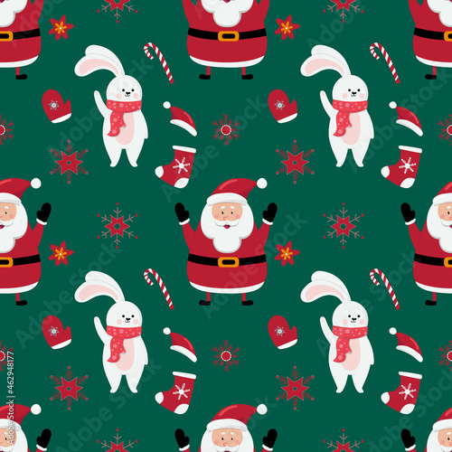 Christmas seamless pattern with Santa Claus and white rabbit on green background