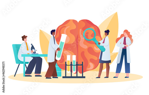 Scientists exploring how brain works. Girl with magnifying glass and man with flasks. Head Tomography concept. Diagnoastics, research. Cartoon flat vector illustration isolated on white background
