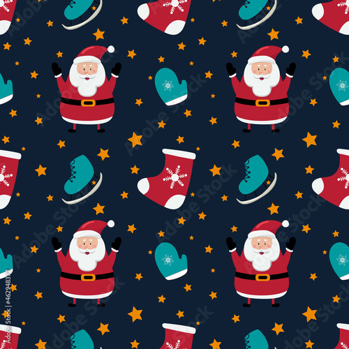 Christmas seamless pattern with snowman, Santa Claus and socks and skates on blue background