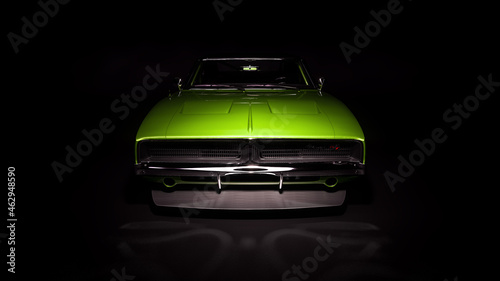 Green muscle car in black studio