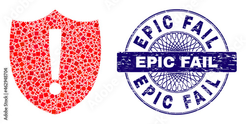 Geometric mosaic shield warning, and Epic Fail scratched seal print. Violet stamp seal includes Epic Fail text inside circle shape. Vector shield warning mosaic is designed of randomized circle,