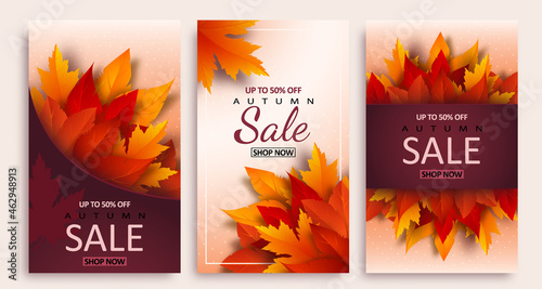Set of Autumn sale posters design with bright Realistic yellow, red, orange leaves and advertising discount text decoration. Vector illustration.
