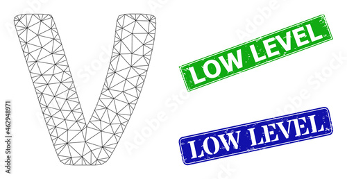 Mesh Nu Greek lowercase symbol image, and Low Level blue and green rectangular scratched seals. Polygonal carcass image is designed with Nu Greek lowercase symbol icon.
