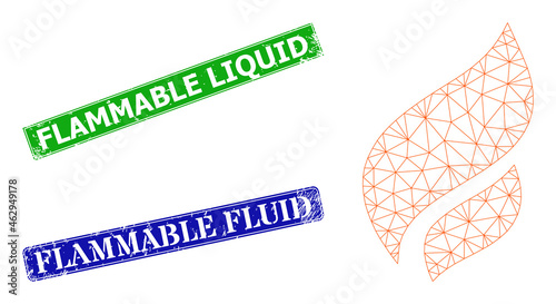Net flame image, and Flammable Liquid blue and green rectangular grunge stamp seals. Polygonal wireframe image based on flame icon. Stamp seals have Flammable Liquid tag inside rectangle shape.