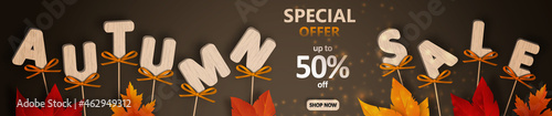 Autumn sale Special offer. Wooden letters on sticks with beautiful orange bows and fall foliage on a black background. Decorative ornaments. Vector illustration.