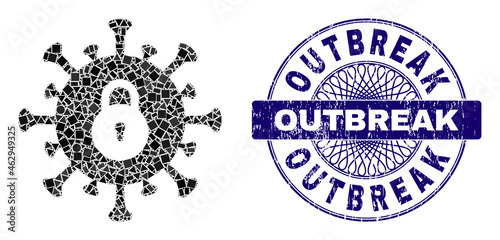 Geometric collage outbreak lockdown, and Outbreak corroded stamp seal. Blue stamp seal contains Outbreak tag inside round shape. Vector outbreak lockdown collage is composed of scattered circle,