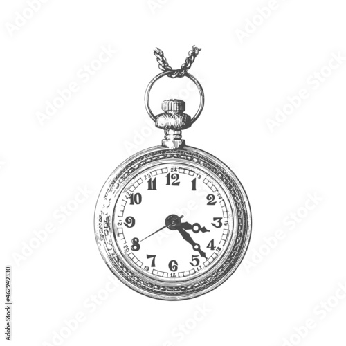 Old pocket watch with chain, vector illustration.