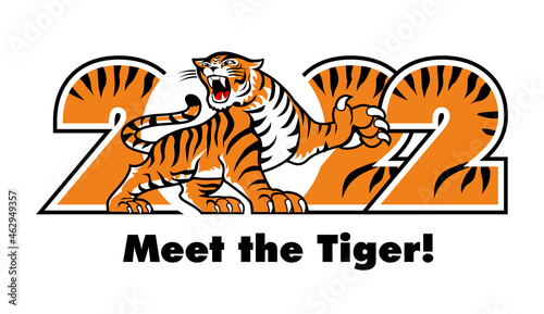 Striped tiger with numbers 2022. Happy new year 2022 of tiger. Template for poster, brochure, banner, invitation card. Vector on transparent background.