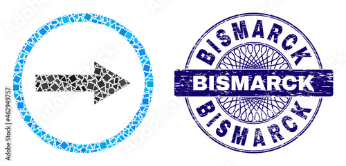 Geometric collage right rounded arrow, and Bismarck textured stamp seal. Blue stamp seal has Bismarck caption inside round form. Vector right rounded arrow collage is formed with scattered spheric,