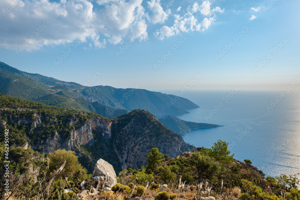 Turkey mountain landscape photo, mediterranean Turkish coast area near Fethiye, taken on Lycian way hiking route with sea. Nature, outdoor, hiking and trekking concept image
