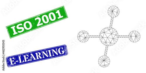 Network connections image, and ISO 2001 blue and green rectangular dirty stamps. Polygonal carcass illustration is created from connections pictogram.