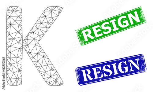 Triangular Kappa Greek symbol image, and Resign blue and green rectangle dirty seals. Mesh carcass illustration created from Kappa Greek symbol icon. Seals include Resign title inside rectangle form.