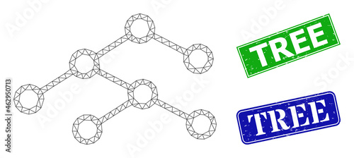 Mesh binary tree model, and Tree blue and green rectangular grunge seal imitations. Mesh wireframe image based on binary tree icon. Stamps contain Tree tag inside rectangular shape.