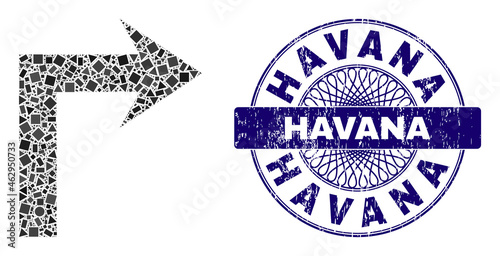 Geometric mosaic turn right, and Havana rubber stamp. Blue stamp seal has Havana tag inside round form. Vector turn right mosaic is formed from scattered round, triangle, rectangle parts.
